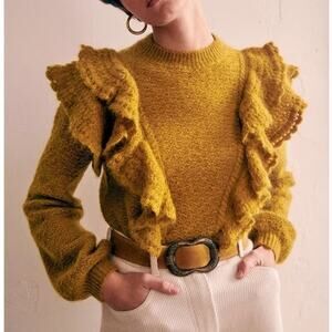 Sezane Elsa Ruffle Jumper Wool Blend Sweater Pullover Mustard Yellow Small